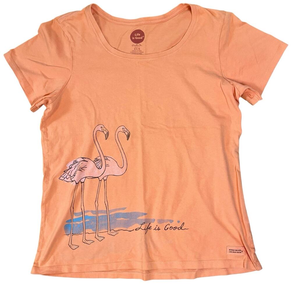 Life Is Good Peach Short Sleeve Tee with Flamingo Graphic